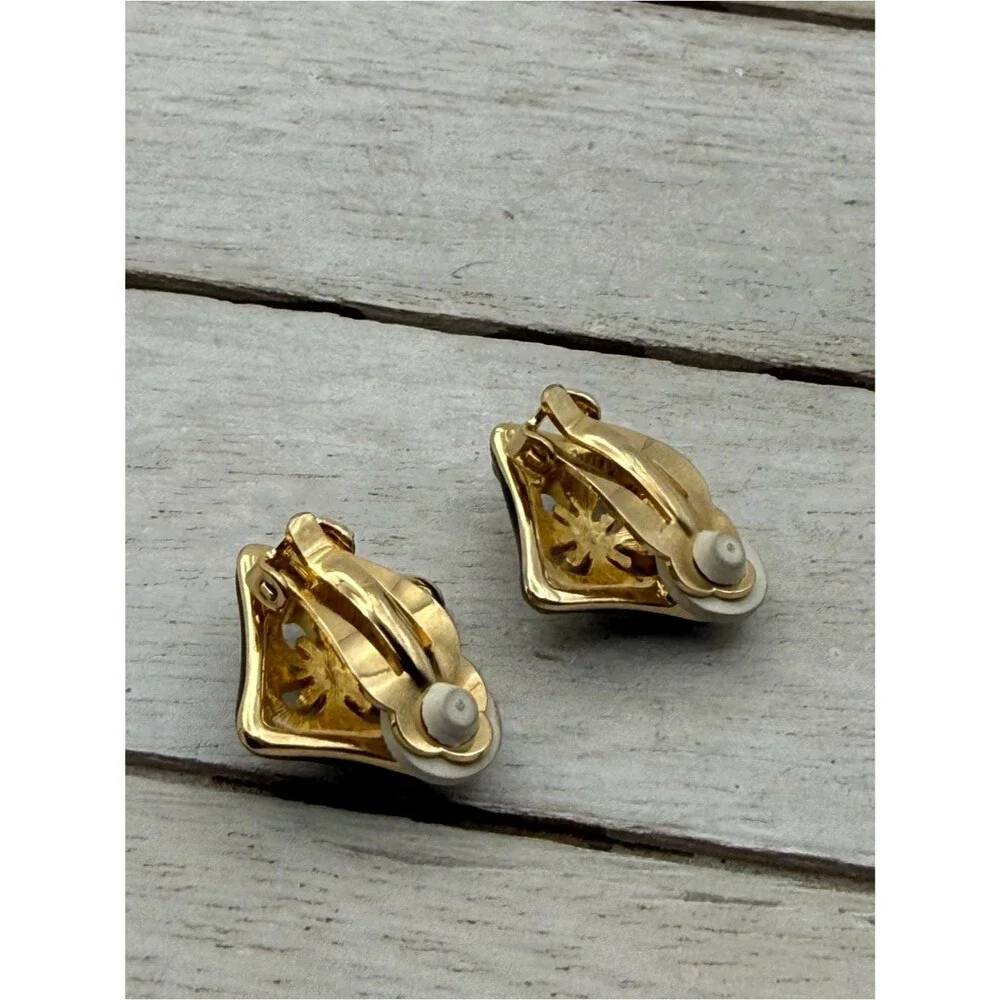 Vintage Gold & Black Floral Square Clip-On Earrings with Multicolor Accents